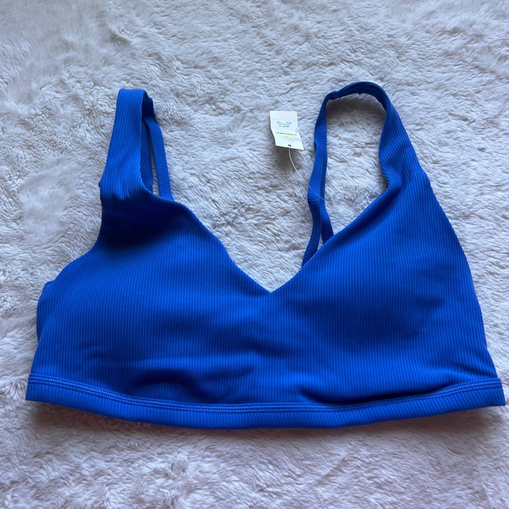 Aerie Offline Real Me Ribbed V-Neck Sports Bra Blue Large 150-2698-1232 NWT